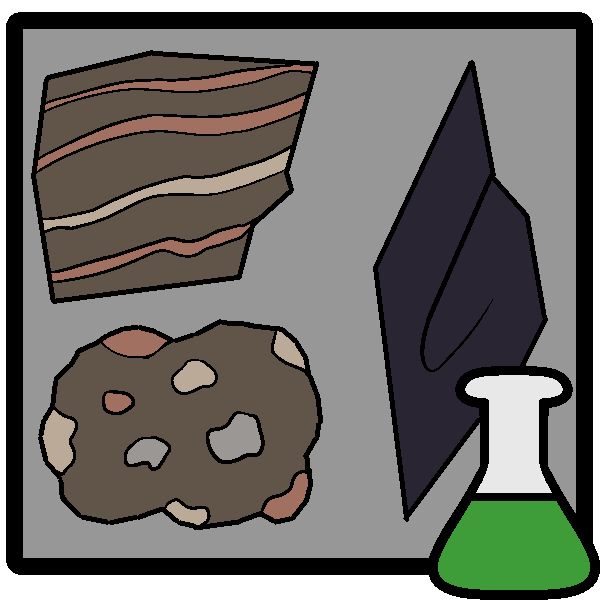A rock with banding, a rock with pebbles within it, and a sharp purple rock in a frame with a green beaker in the corner.